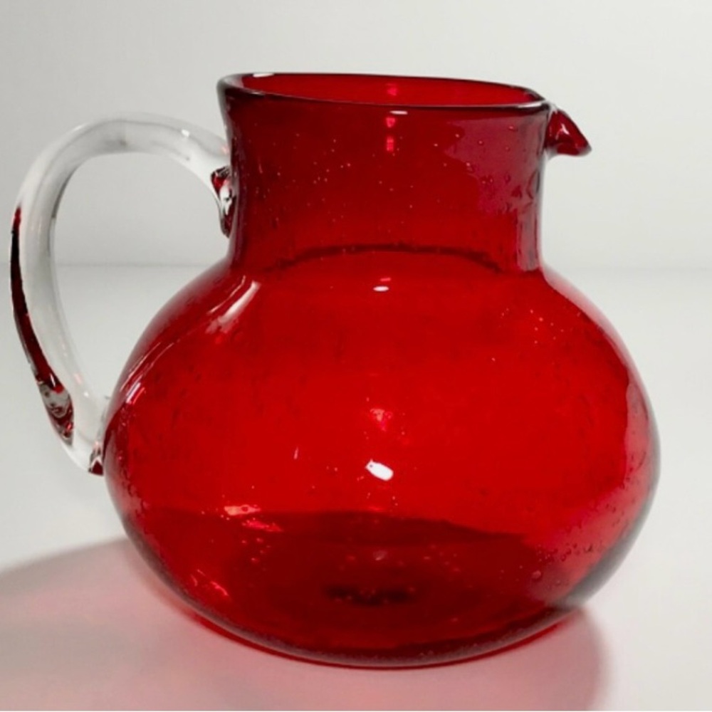 VINTAGE ART GLASS PITCHER IRIS RUBY BY ARTLAND RED BUBBLE BLOWN GLASS 80 OUNCES